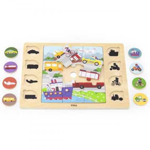 VIGA Drewniane Puzzle Odgadnij po Cieniu - Środki Transportu Układanka 17 el.